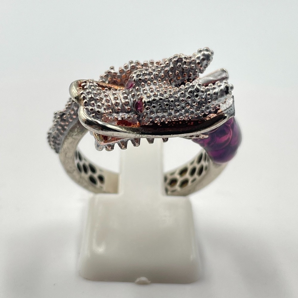 Vintage Silver Tone Textured Dragon Ring Purple Enamel Ruby Red Rhinestone Eyes
